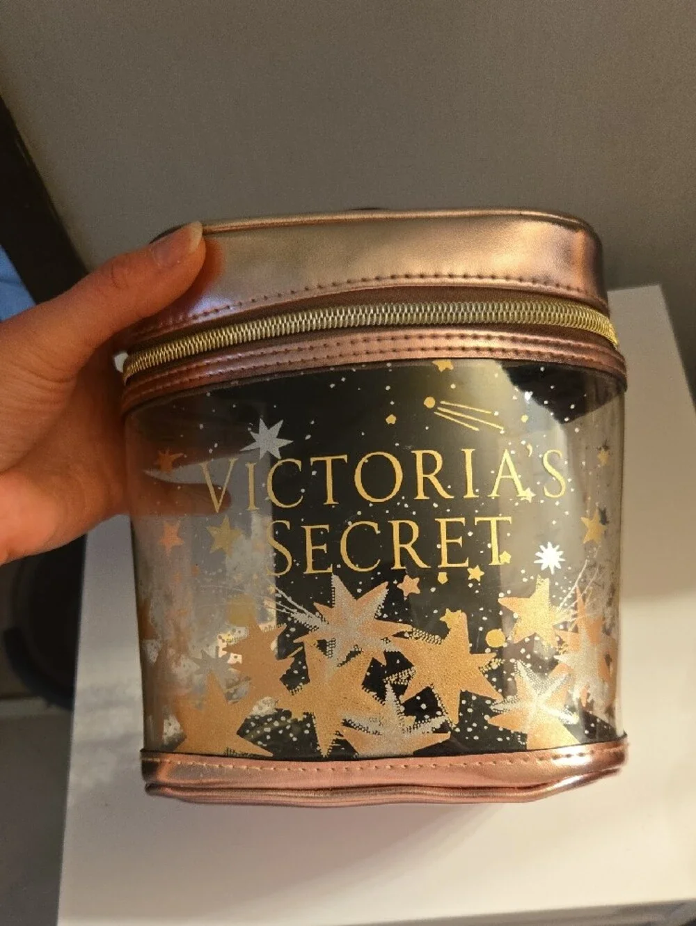 Victoria's Secret Metallic Rose Gold Cosmetic Case with Gold Star Print